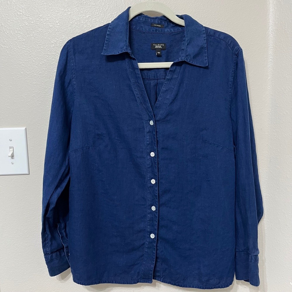 TALBOTS Woman Petites Pure Irish Linen Blue Button Up Shirt Size 16W